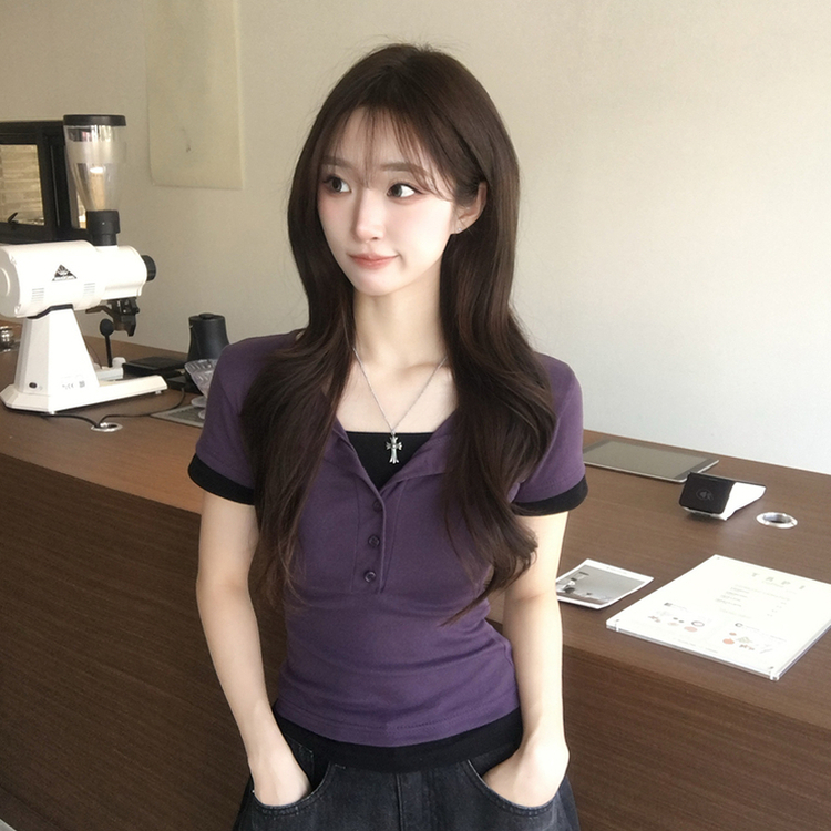 크림치즈 라운드 버튼 여름 배색 레이어드 반팔 티셔츠 버튼 일체형 슬림핏 반팔티 단추 데일리 세미 크롭 상의 4color 퍼플