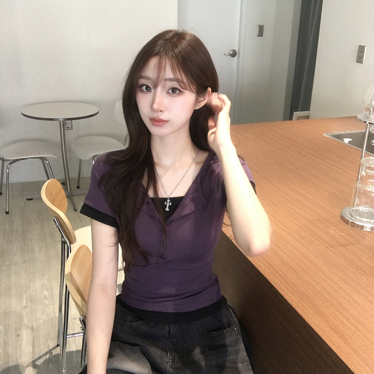 크림치즈 라운드 버튼 여름 배색 레이어드 반팔 티셔츠 버튼 일체형 슬림핏 반팔티 단추 데일리 세미 크롭 상의 4color 퍼플
