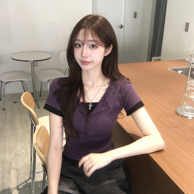 크림치즈 라운드 버튼 여름 배색 레이어드 반팔 티셔츠 버튼 일체형 슬림핏 반팔티 단추 데일리 세미 크롭 상의 4color 퍼플