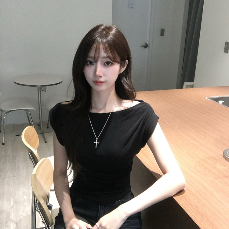 멜팅 드레이프 여름 민소매 슬림핏 반팔 티셔츠 슬림핏 블라우스 결혼식 코디 하객룩 상의 언발란스 나시 반팔티 4color 블랙