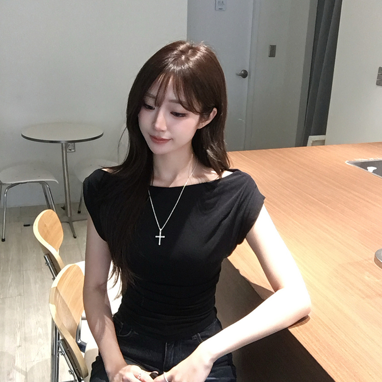 멜팅 드레이프 여름 민소매 슬림핏 반팔 티셔츠 슬림핏 블라우스 결혼식 코디 하객룩 상의 언발란스 나시 반팔티 4color 블랙