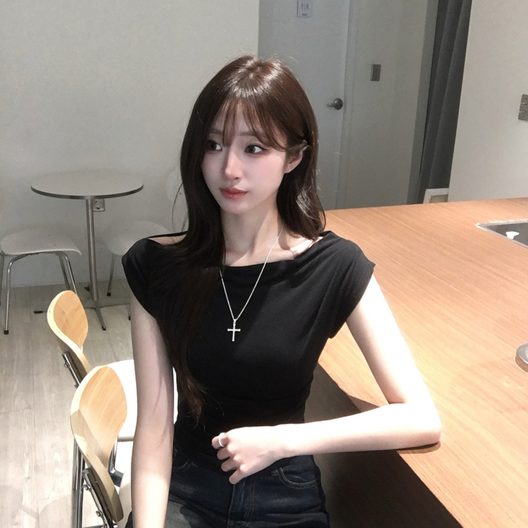 멜팅 드레이프 여름 민소매 슬림핏 반팔 티셔츠 슬림핏 블라우스 결혼식 코디 하객룩 상의 언발란스 나시 반팔티 4color 블랙