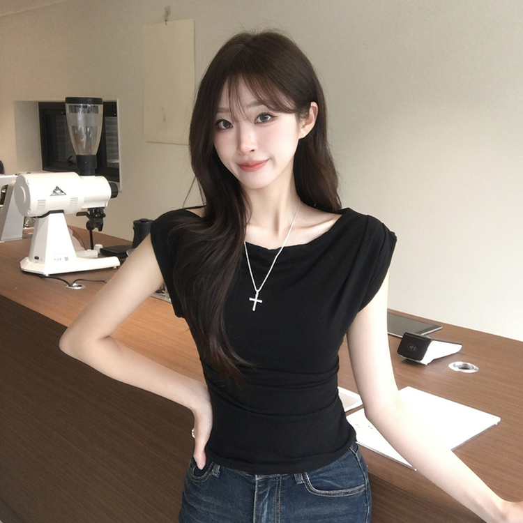멜팅 드레이프 여름 민소매 슬림핏 반팔 티셔츠 슬림핏 블라우스 결혼식 코디 하객룩 상의 언발란스 나시 반팔티 4color 블랙