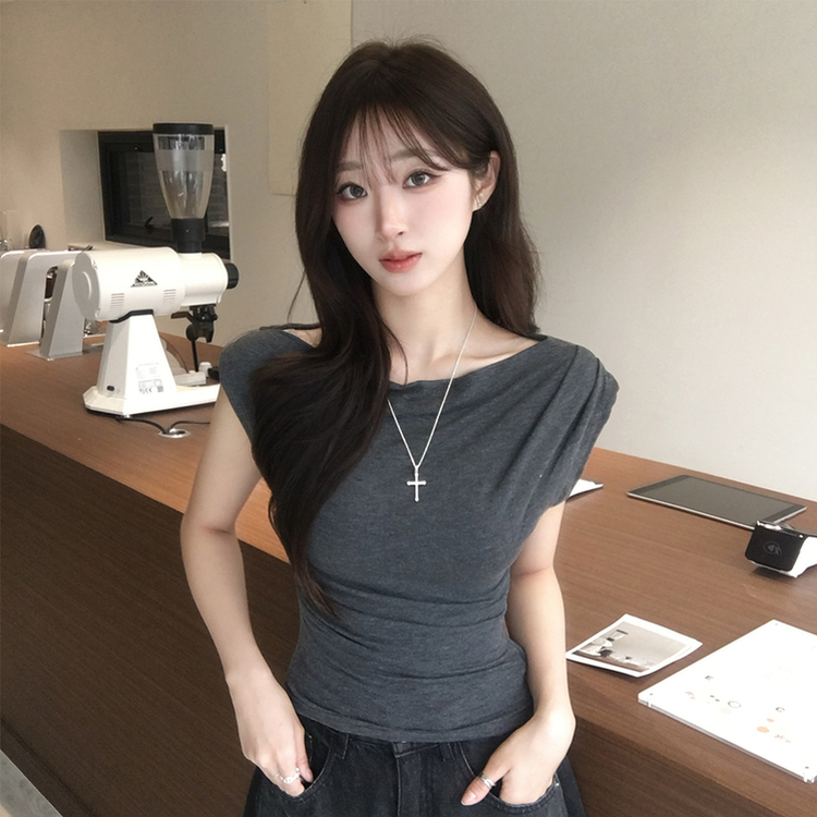 멜팅 드레이프 여름 민소매 슬림핏 반팔 티셔츠 슬림핏 블라우스 결혼식 코디 하객룩 상의 언발란스 나시 반팔티 4color 먹색