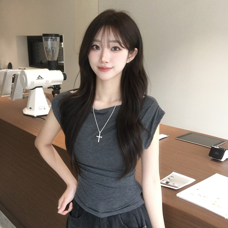 멜팅 드레이프 여름 민소매 슬림핏 반팔 티셔츠 슬림핏 블라우스 결혼식 코디 하객룩 상의 언발란스 나시 반팔티 4color 먹색
