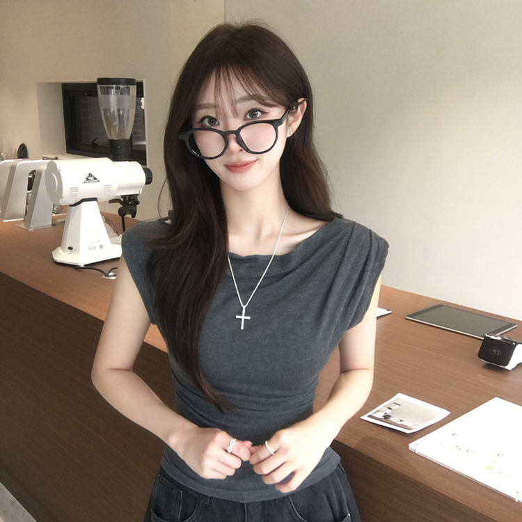 멜팅 드레이프 여름 민소매 슬림핏 반팔 티셔츠 슬림핏 블라우스 결혼식 코디 하객룩 상의 언발란스 나시 반팔티 4color 먹색