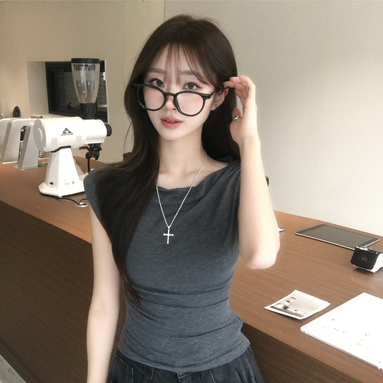 멜팅 드레이프 여름 민소매 슬림핏 반팔 티셔츠 슬림핏 블라우스 결혼식 코디 하객룩 상의 언발란스 나시 반팔티 4color 먹색