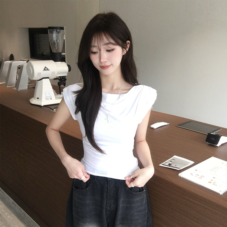 멜팅 드레이프 여름 민소매 슬림핏 반팔 티셔츠 슬림핏 블라우스 결혼식 코디 하객룩 상의 언발란스 나시 반팔티 4color 아이보리