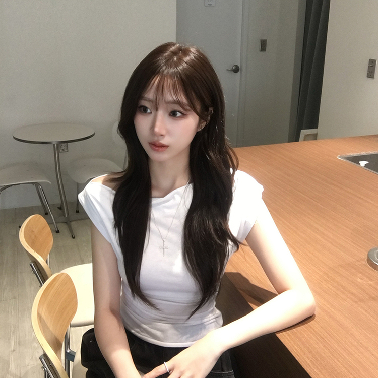 멜팅 드레이프 여름 민소매 슬림핏 반팔 티셔츠 슬림핏 블라우스 결혼식 코디 하객룩 상의 언발란스 나시 반팔티 4color 아이보리