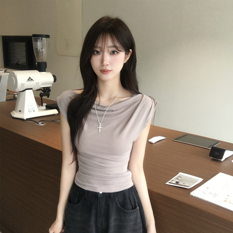 멜팅 드레이프 여름 민소매 슬림핏 반팔 티셔츠 슬림핏 블라우스 결혼식 코디 하객룩 상의 언발란스 나시 반팔티 4color 회베이지
