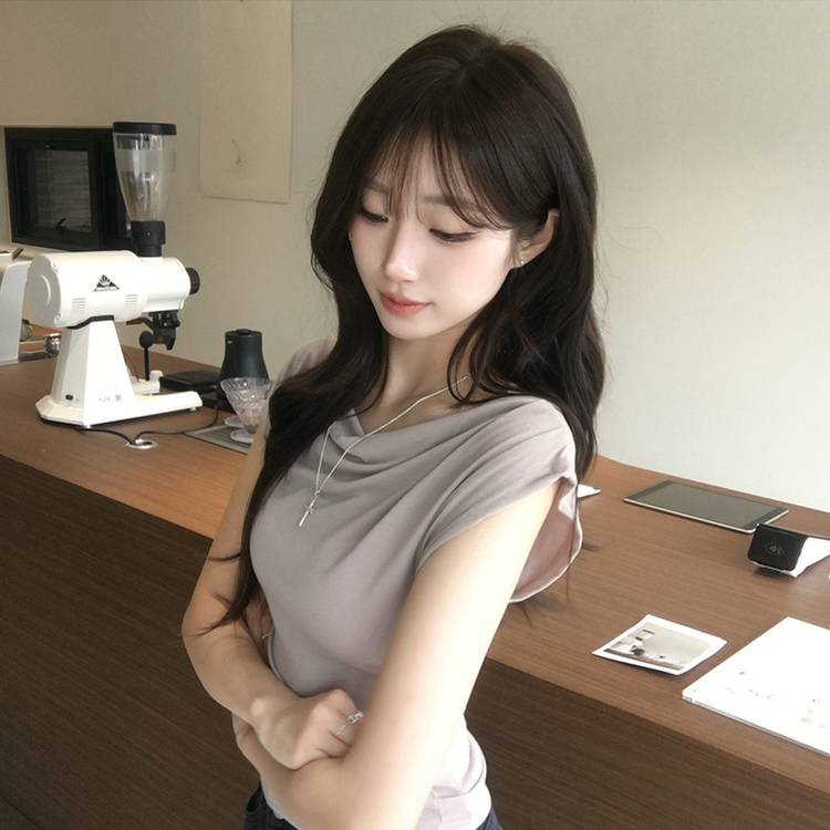 멜팅 드레이프 여름 민소매 슬림핏 반팔 티셔츠 슬림핏 블라우스 결혼식 코디 하객룩 상의 언발란스 나시 반팔티 4color 회베이지