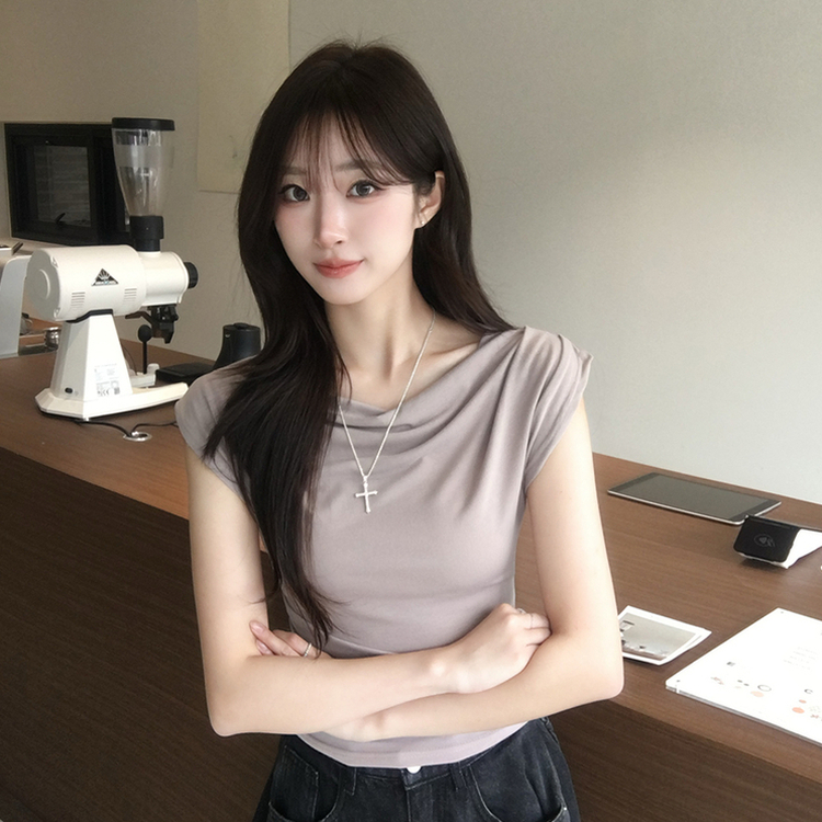 멜팅 드레이프 여름 민소매 슬림핏 반팔 티셔츠 슬림핏 블라우스 결혼식 코디 하객룩 상의 언발란스 나시 반팔티 4color 회베이지