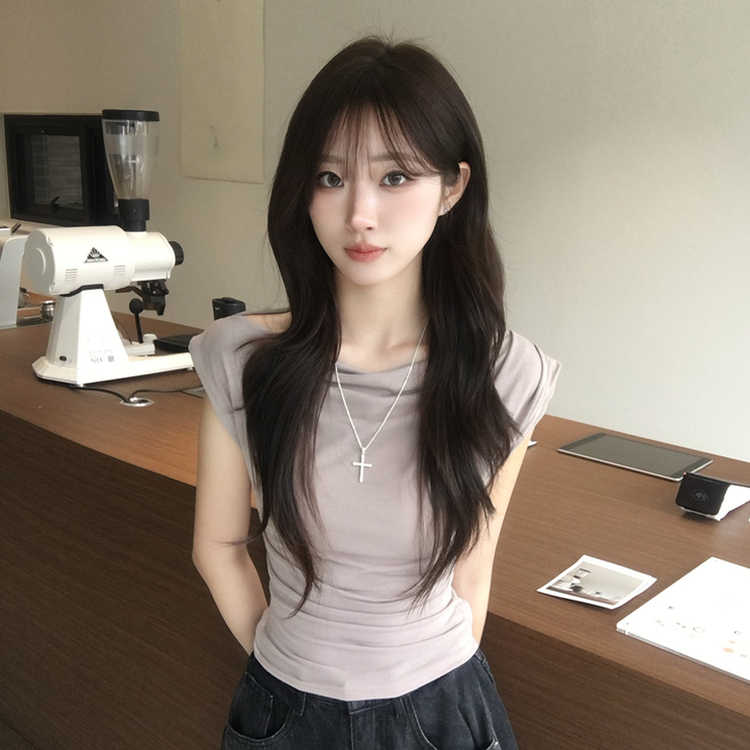 멜팅 드레이프 여름 민소매 슬림핏 반팔 티셔츠 슬림핏 블라우스 결혼식 코디 하객룩 상의 언발란스 나시 반팔티 4color 회베이지