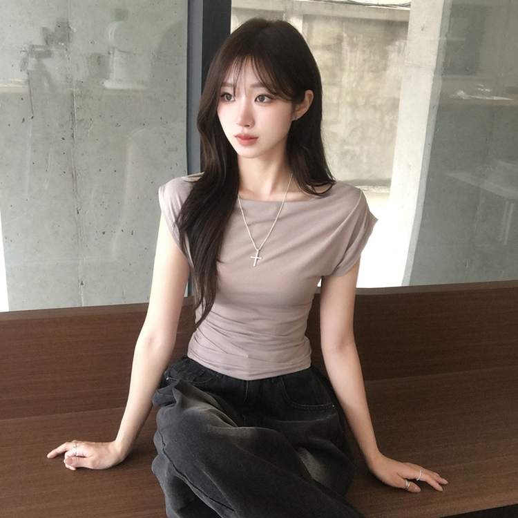 멜팅 드레이프 여름 민소매 슬림핏 반팔 티셔츠 슬림핏 블라우스 결혼식 코디 하객룩 상의 언발란스 나시 반팔티 4color 회베이지