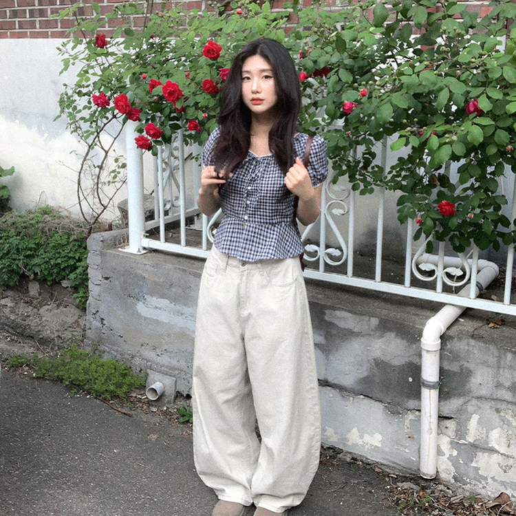 チェックレースパフ半袖ブラウス NAVY
