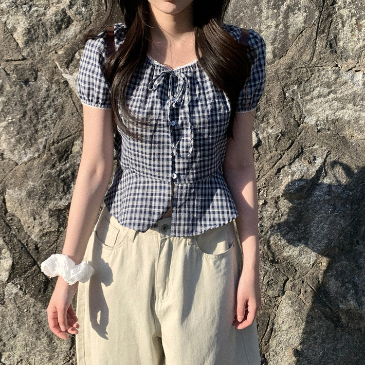 チェックレースパフ半袖ブラウス NAVY