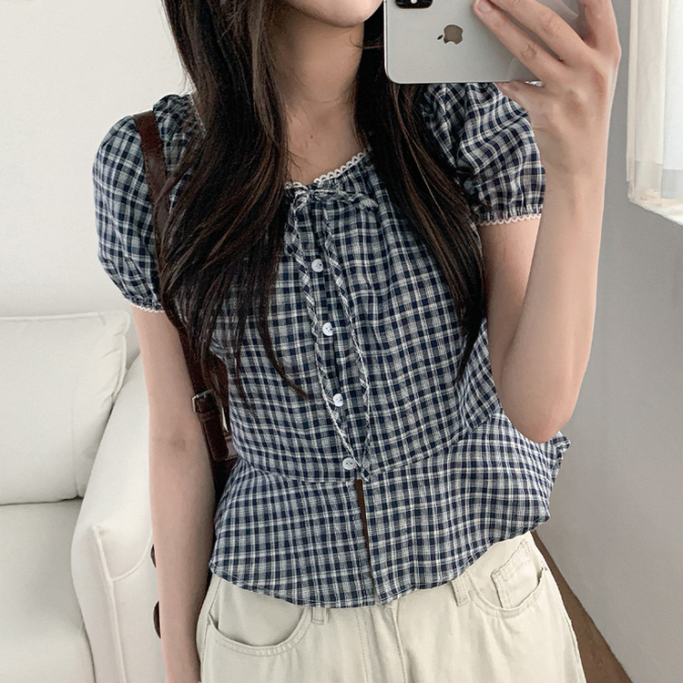 チェックレースパフ半袖ブラウス NAVY
