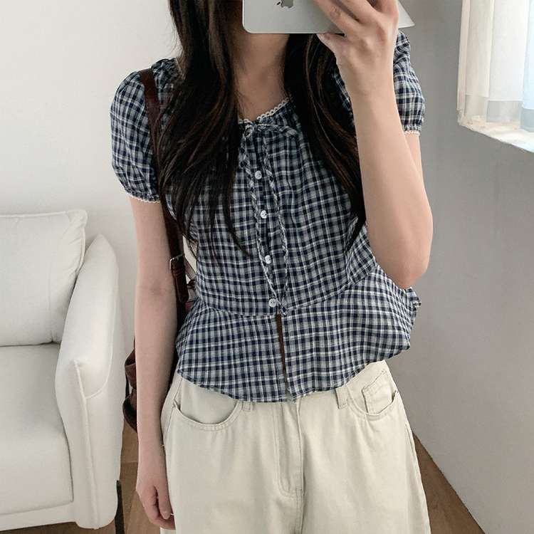 チェックレースパフ半袖ブラウス NAVY