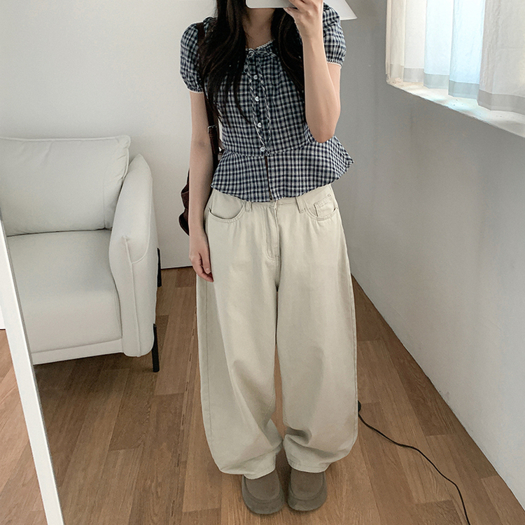 チェックレースパフ半袖ブラウス NAVY