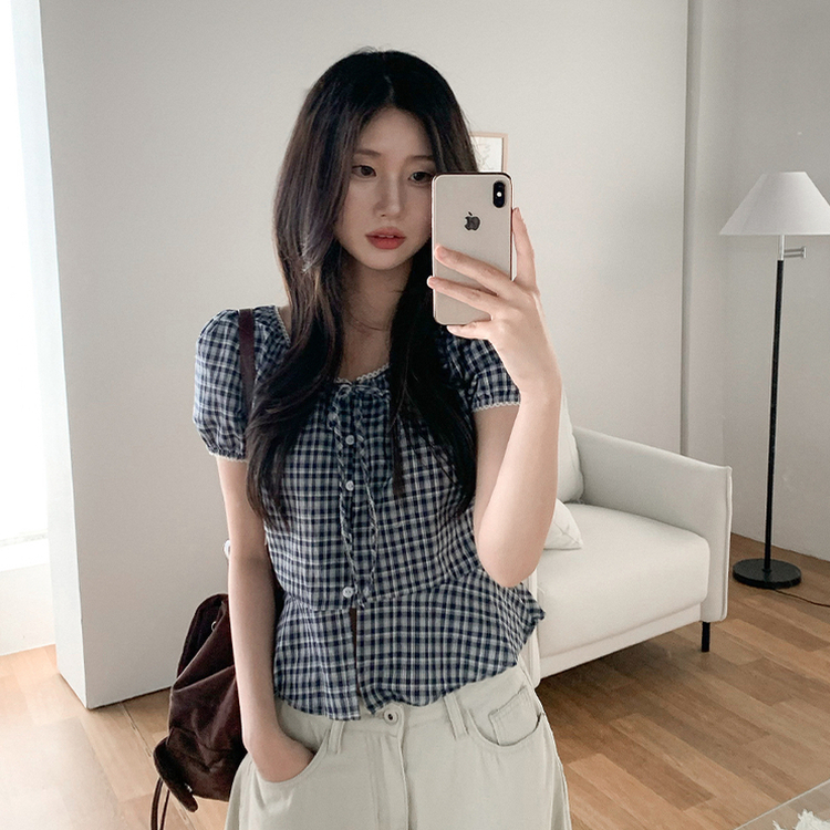 チェックレースパフ半袖ブラウス NAVY