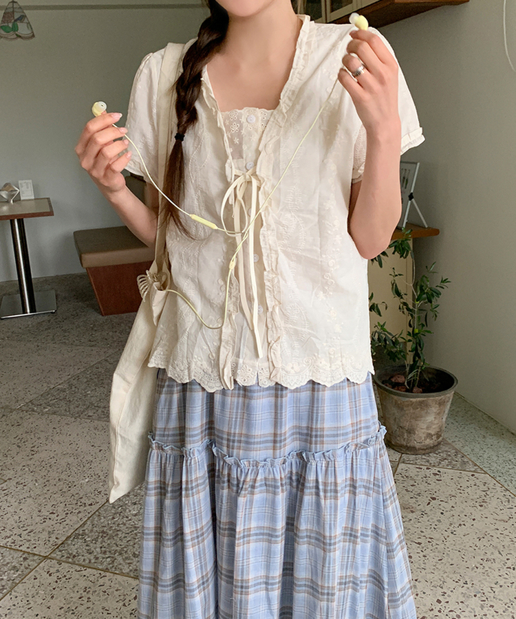 レイヤーアイレット半袖ブラウス CREAM