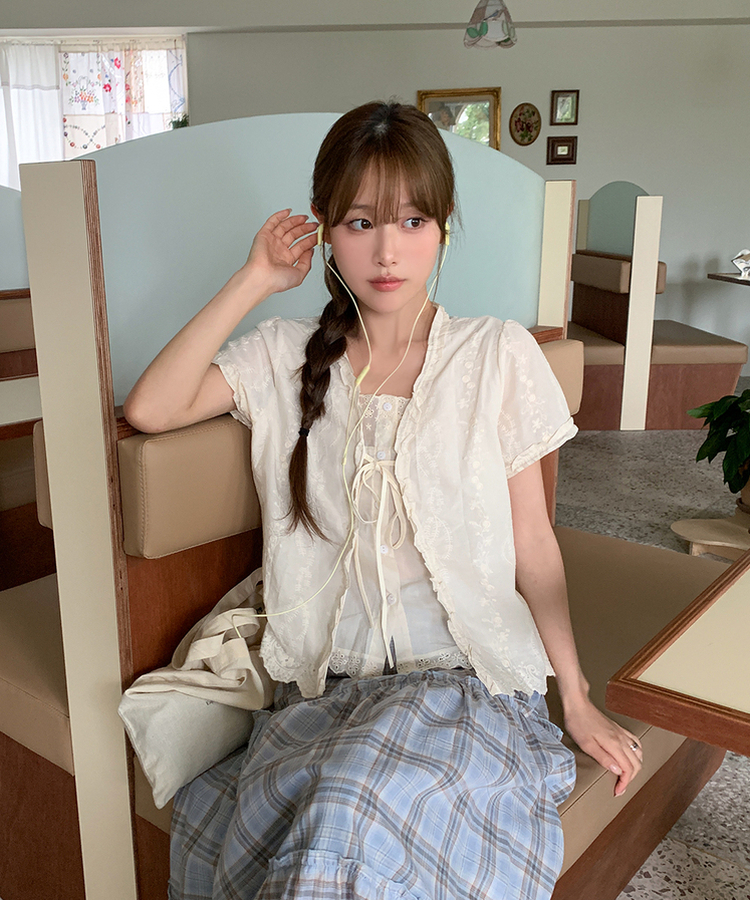 レイヤーアイレット半袖ブラウス CREAM