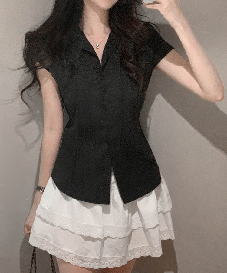 パフバックリボン半袖ブラウス BLACK