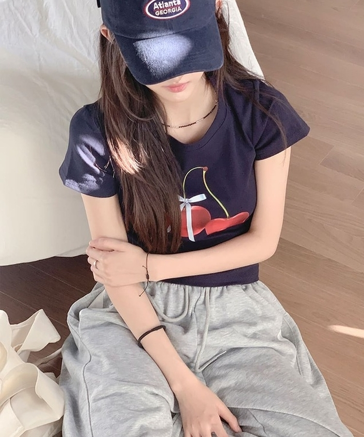 チェリープリントスリムTシャツ(5color) NAVY