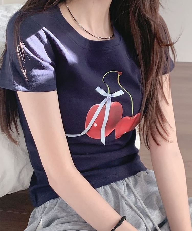 チェリープリントスリムTシャツ(5color) NAVY