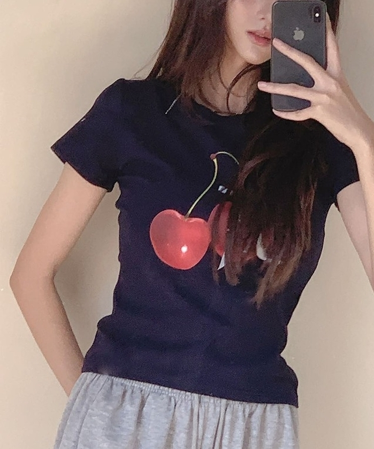 チェリープリントスリムTシャツ(5color) NAVY