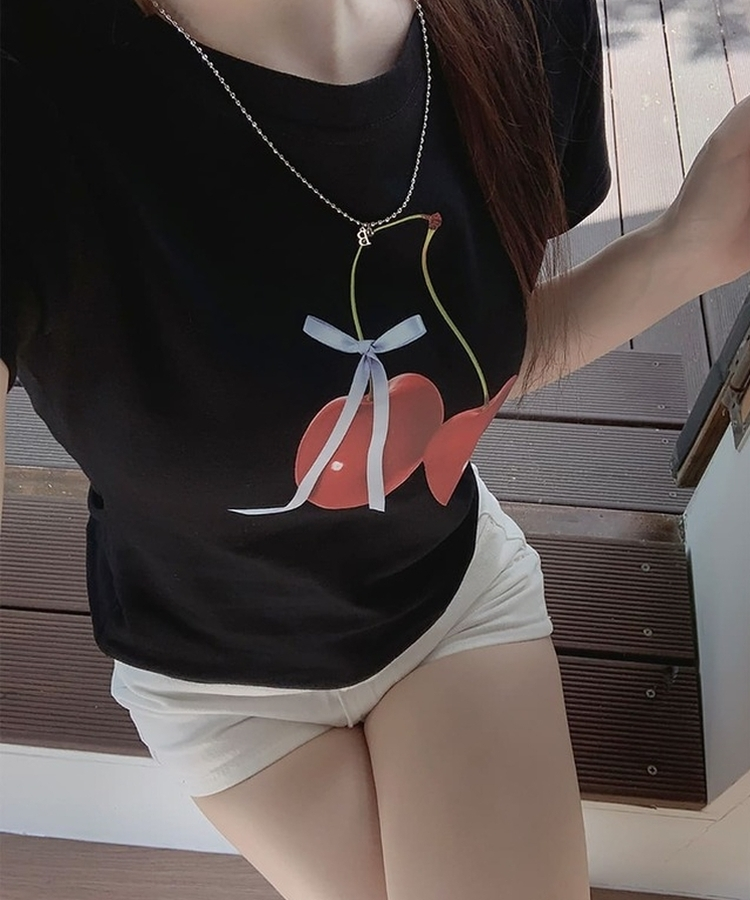 チェリープリントスリムTシャツ(5color) NAVY