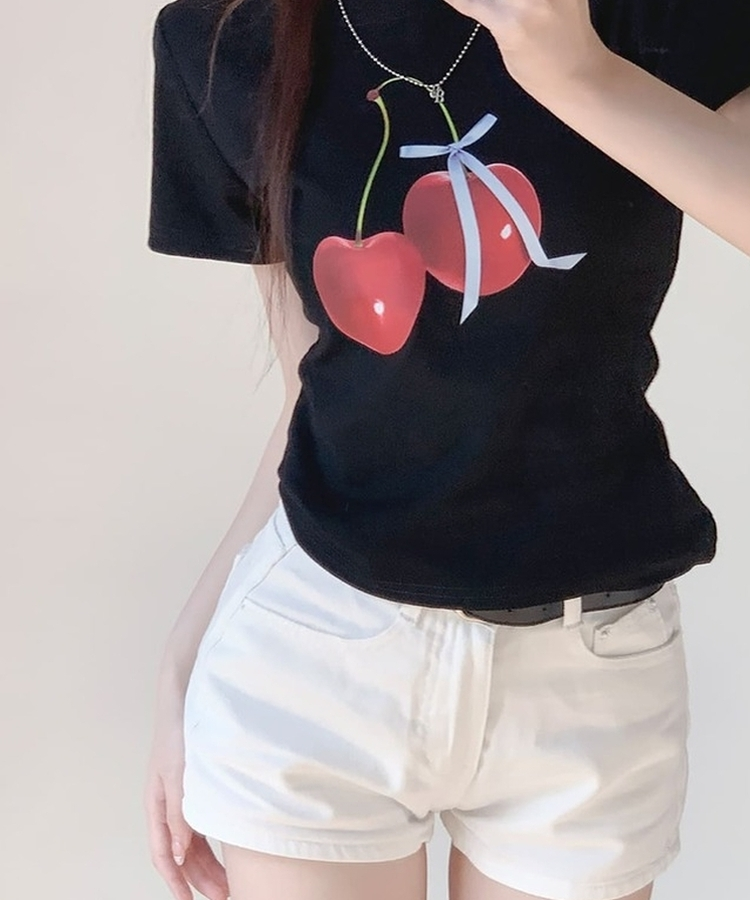 チェリープリントスリムTシャツ(5color) NAVY
