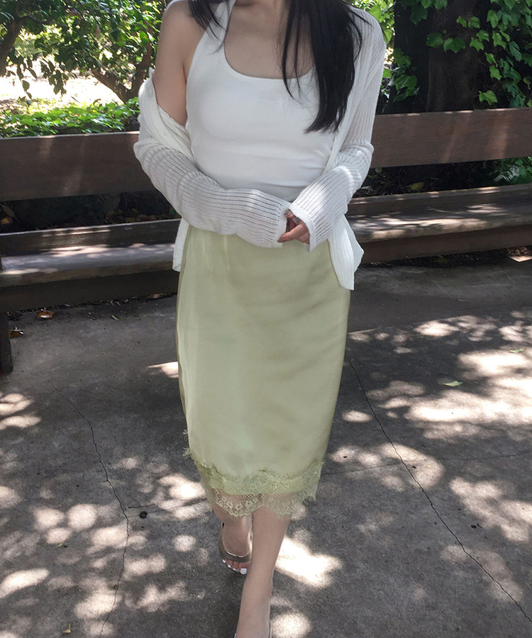 レースサテンミディスカート OLIVE