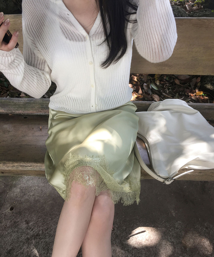 レースサテンミディスカート OLIVE