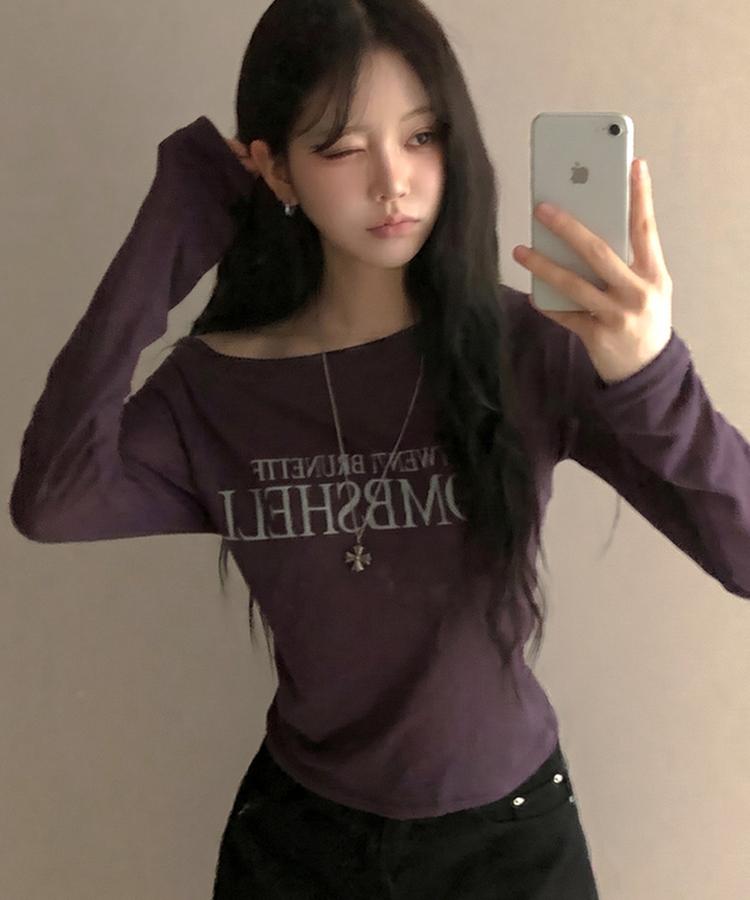 밤쉘 레터링 여리핏 시스루 살안타템 나그랑 긴팔 오프 티셔츠 퍼플
