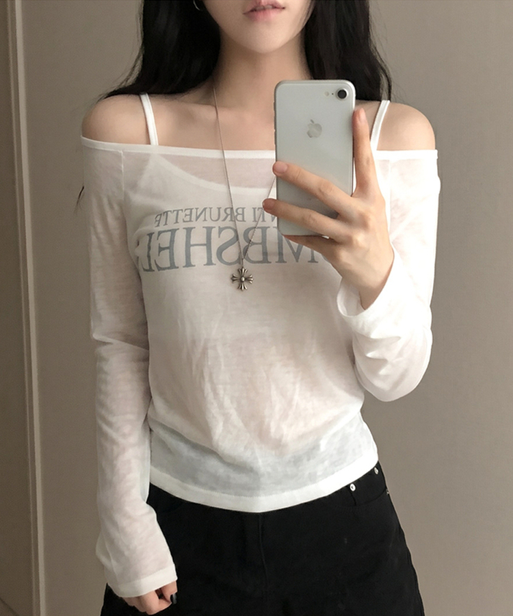 밤쉘 레터링 여리핏 시스루 살안타템 나그랑 긴팔 오프 티셔츠 아이보리