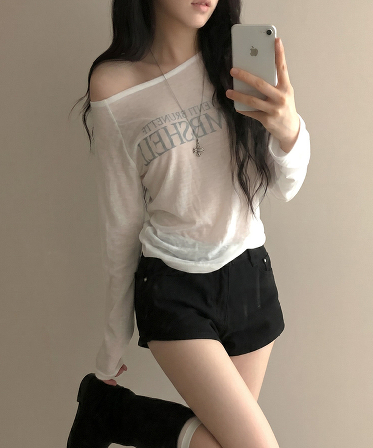 밤쉘 레터링 여리핏 시스루 살안타템 나그랑 긴팔 오프 티셔츠 아이보리