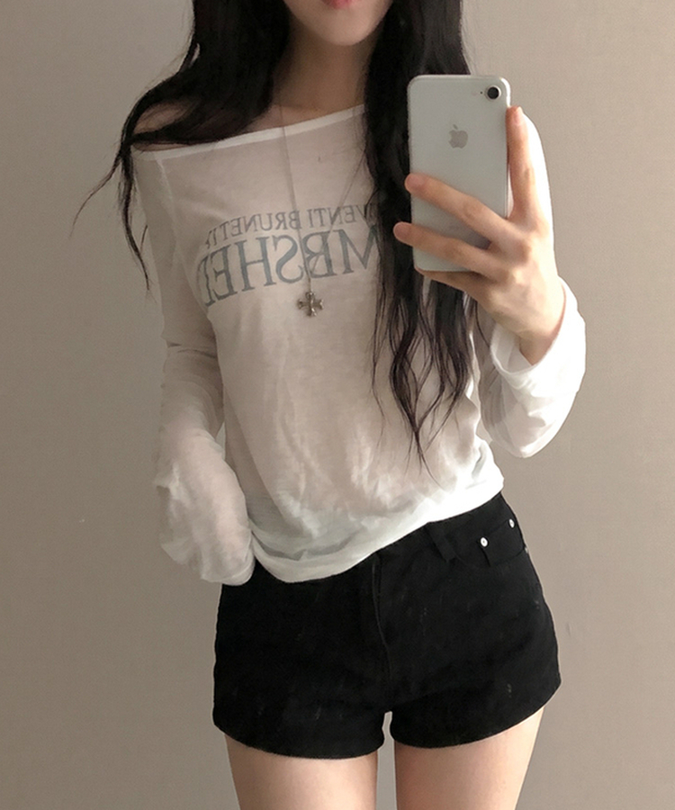 밤쉘 레터링 여리핏 시스루 살안타템 나그랑 긴팔 오프 티셔츠 아이보리