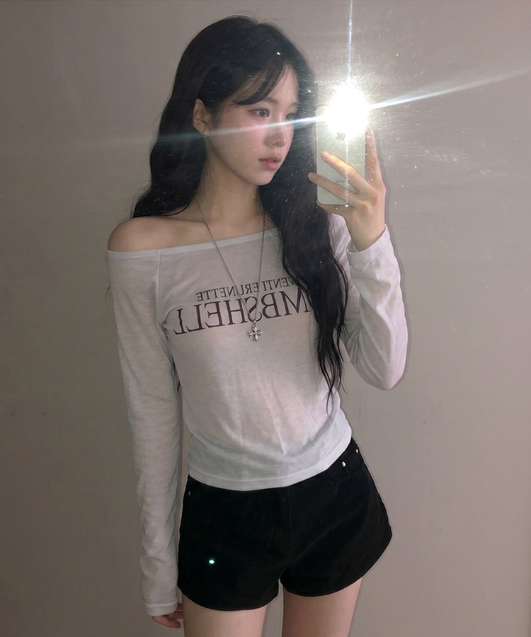 밤쉘 레터링 여리핏 시스루 살안타템 나그랑 긴팔 오프 티셔츠 연그레이