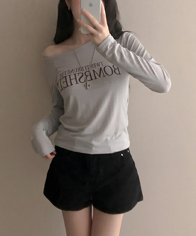 밤쉘 레터링 여리핏 시스루 살안타템 나그랑 긴팔 오프 티셔츠 연그레이