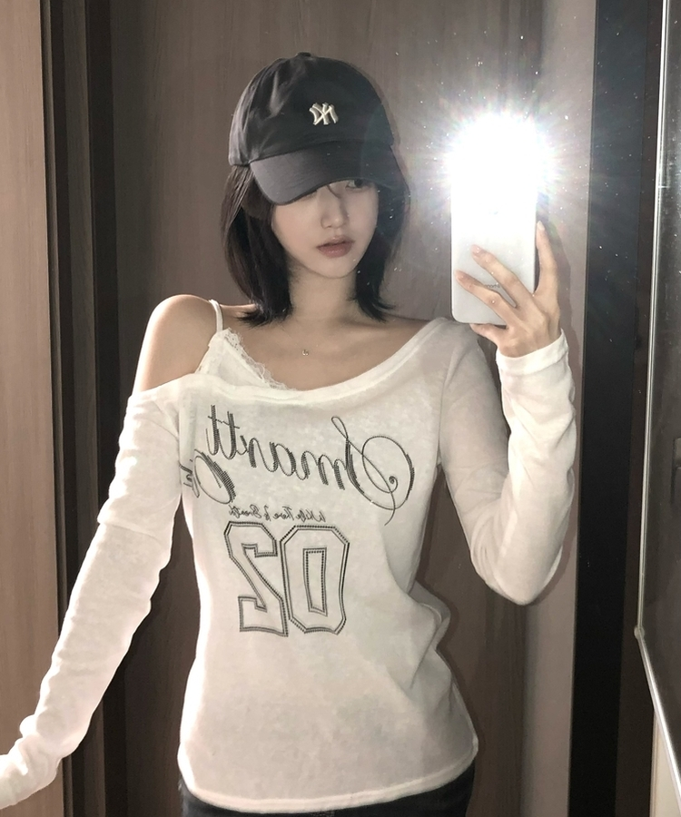 レースアンバランスVネックオフショルTシャツ IVORY