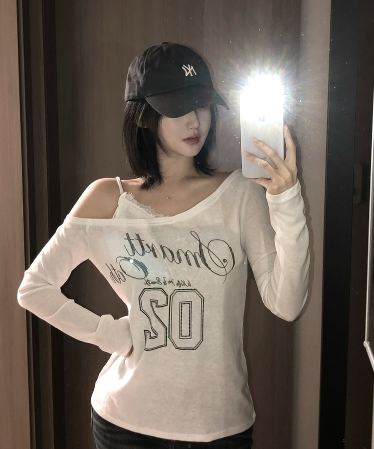 レースアンバランスVネックオフショルTシャツ IVORY