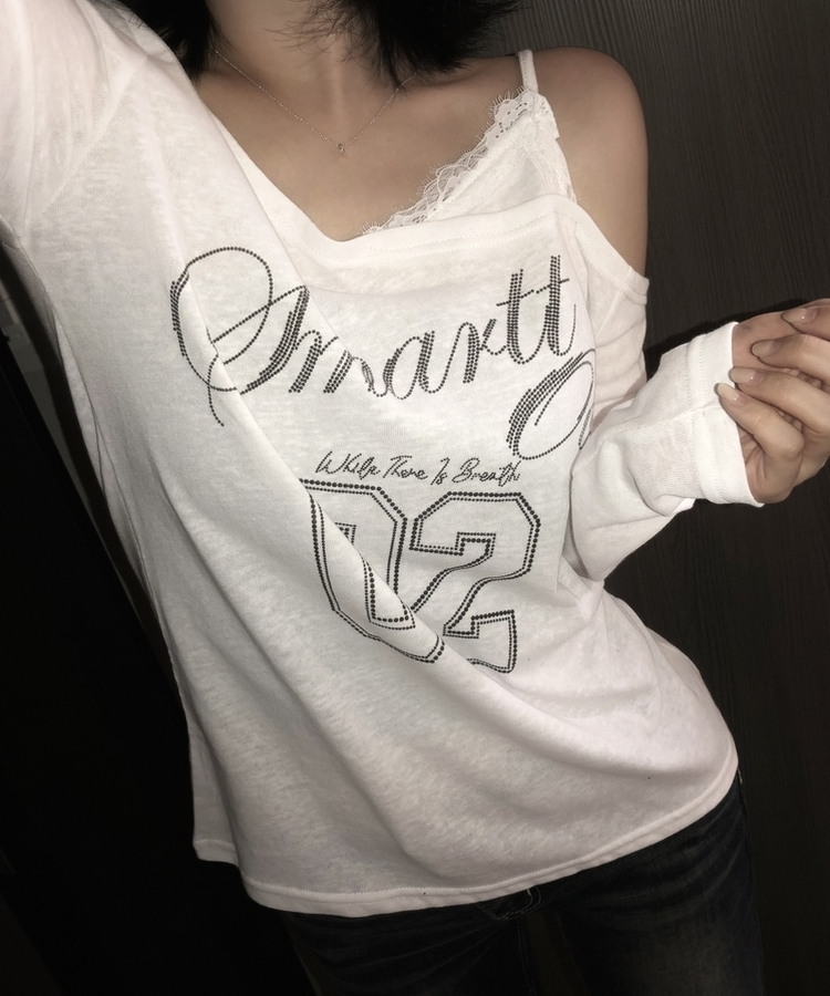 レースアンバランスVネックオフショルTシャツ IVORY