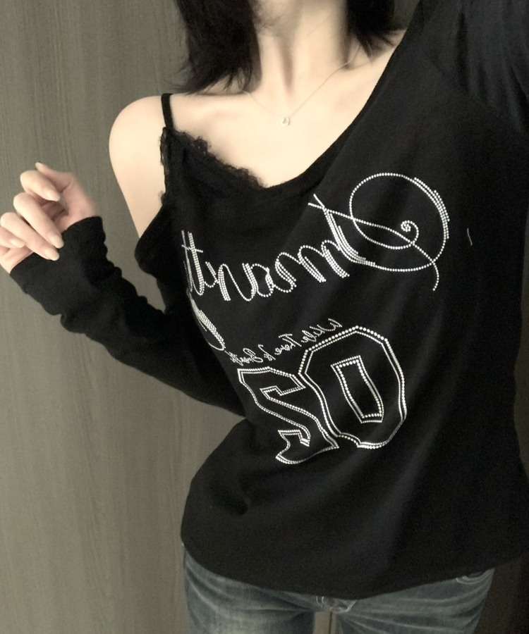 レースアンバランスVネックオフショルTシャツ BLACK