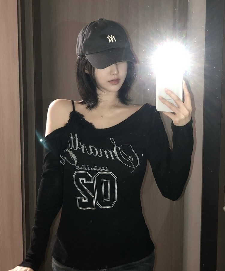 レースアンバランスVネックオフショルTシャツ BLACK