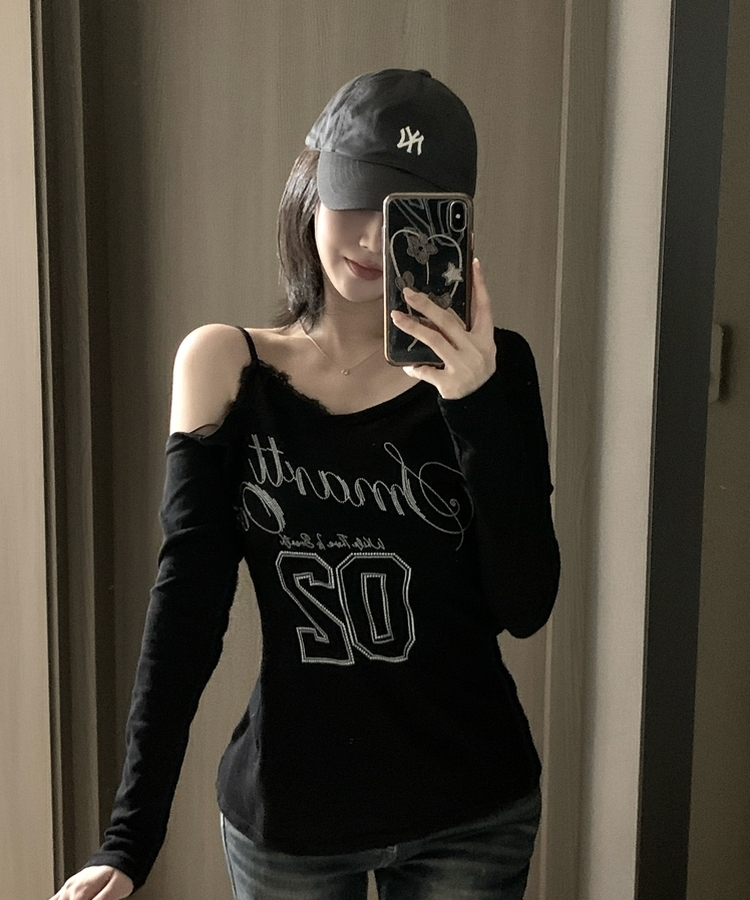 レースアンバランスVネックオフショルTシャツ BLACK