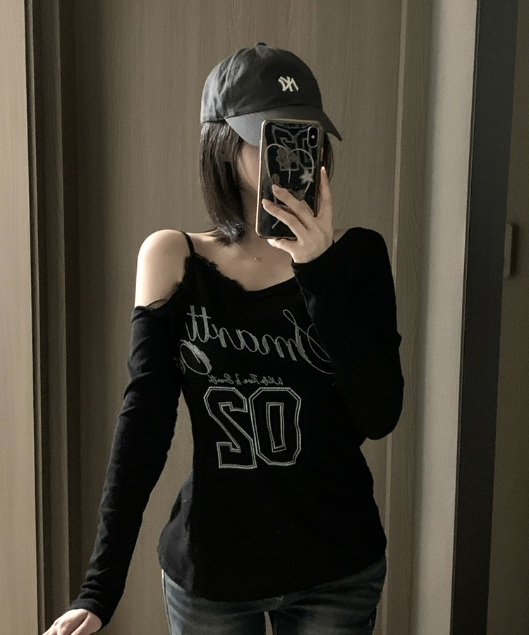 レースアンバランスVネックオフショルTシャツ BLACK