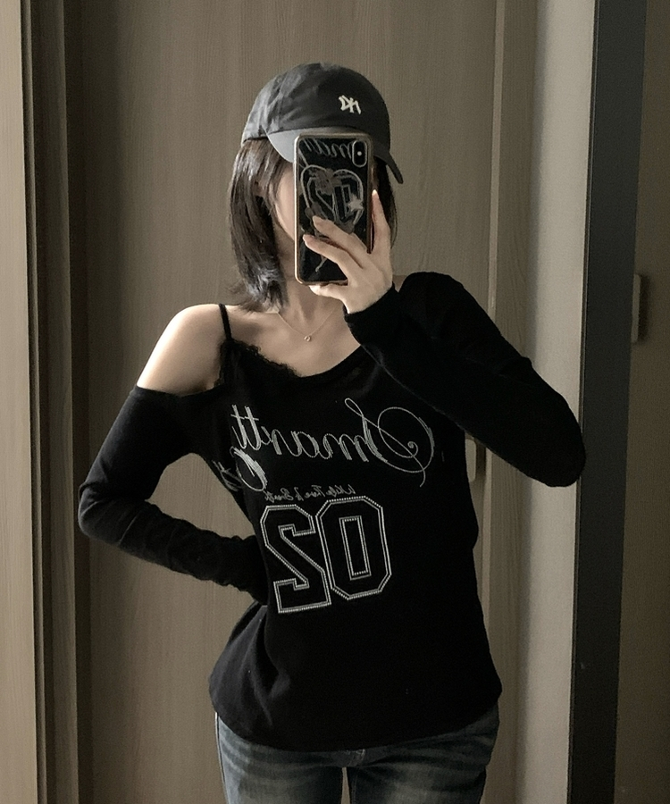 レースアンバランスVネックオフショルTシャツ BLACK