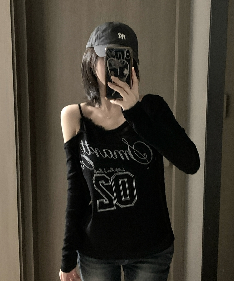 レースアンバランスVネックオフショルTシャツ BLACK