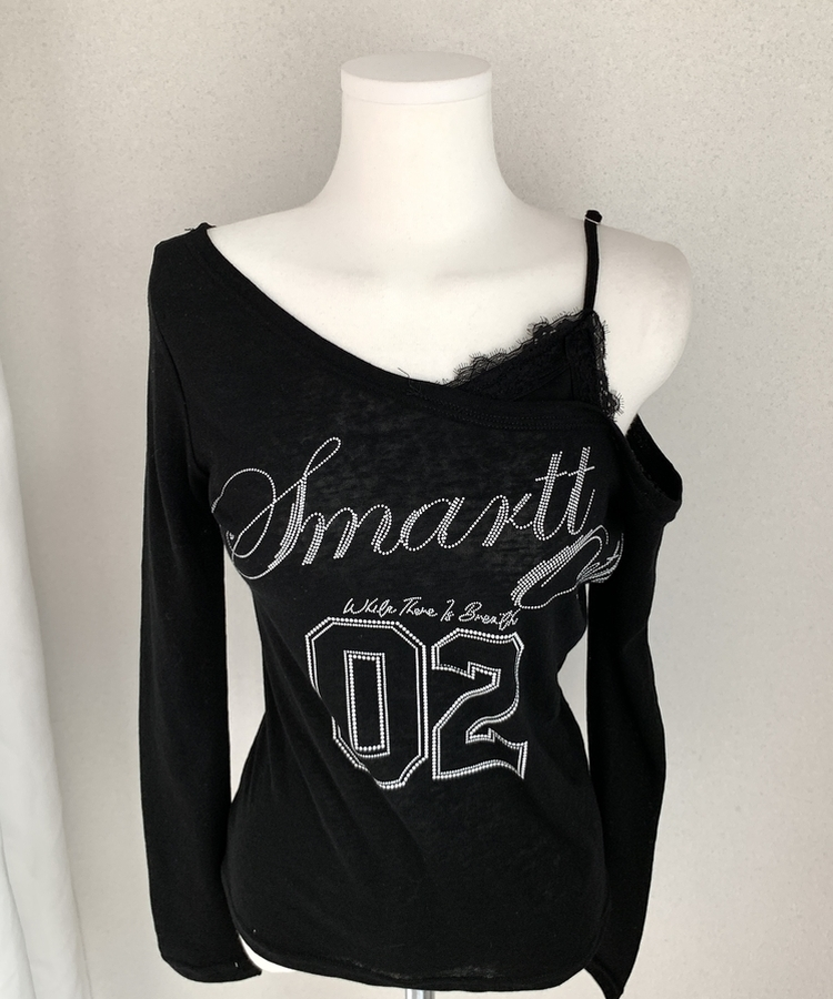 レースアンバランスVネックオフショルTシャツ